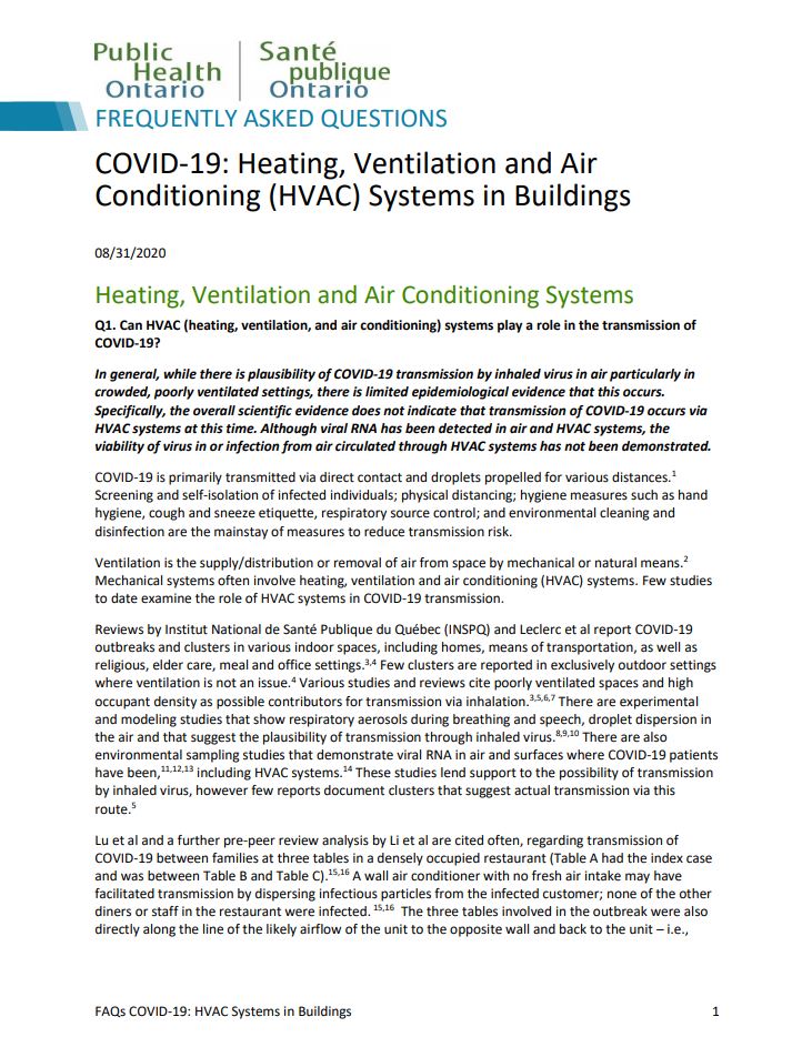 Frequently Asked Questions: COVID-19: Heating, Ventilation and Air Conditioning (HVAC) Systems in Buildings