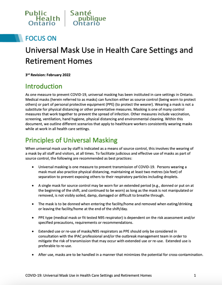 Focus On: Universal Mask Use in Health Care Settings and Retirement Homes