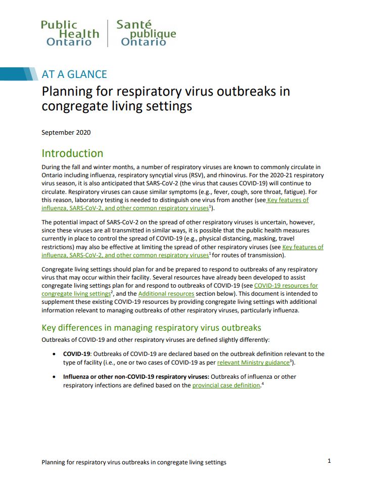 At a Glance: Planning for Respiratory Virus Outbreaks in Congregate Living Settings