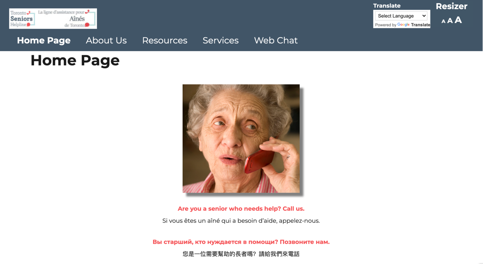 Screenshot of Toronto Seniors Helpline Website