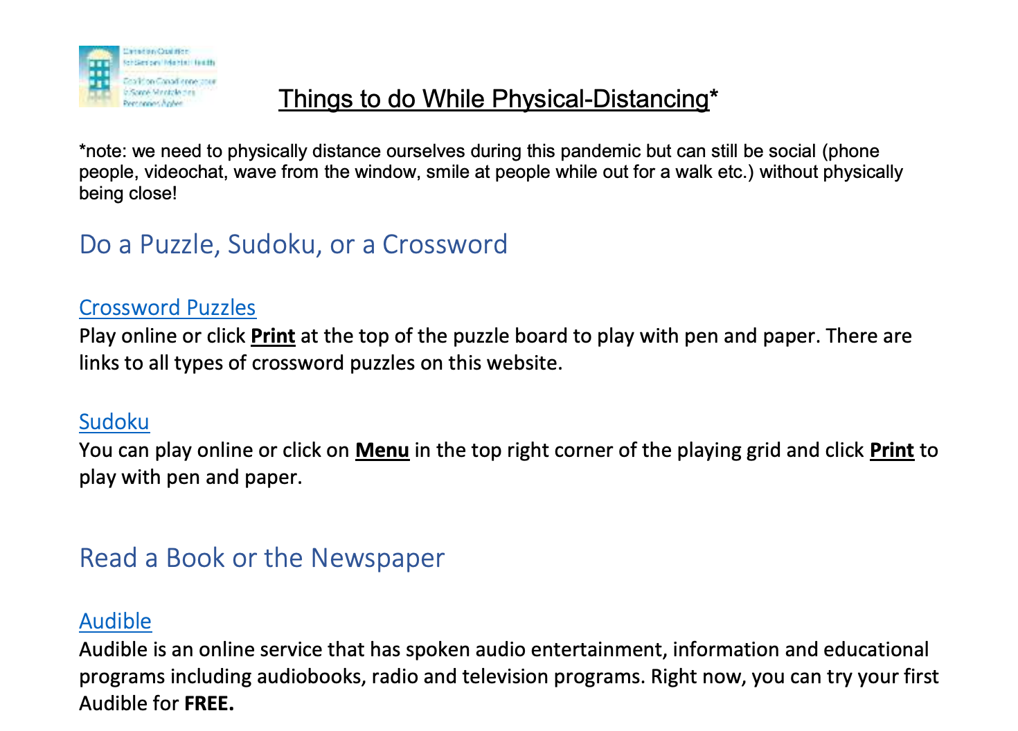 Screenshot of things to do while physical distancing resource