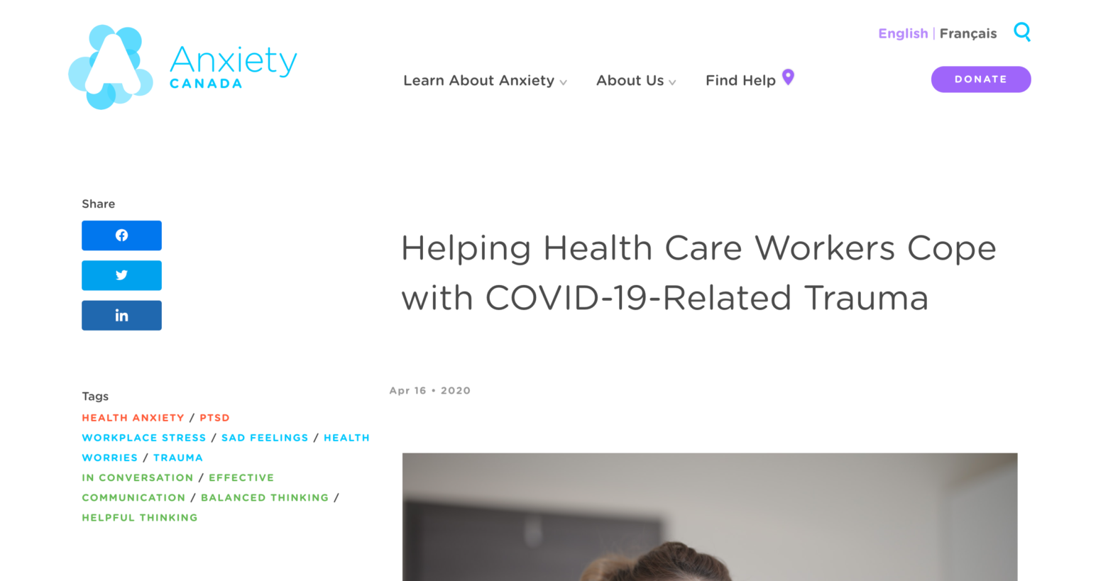 Screenshot of Helping Health Care Workers Cope with COVID-19-Related Trauma website