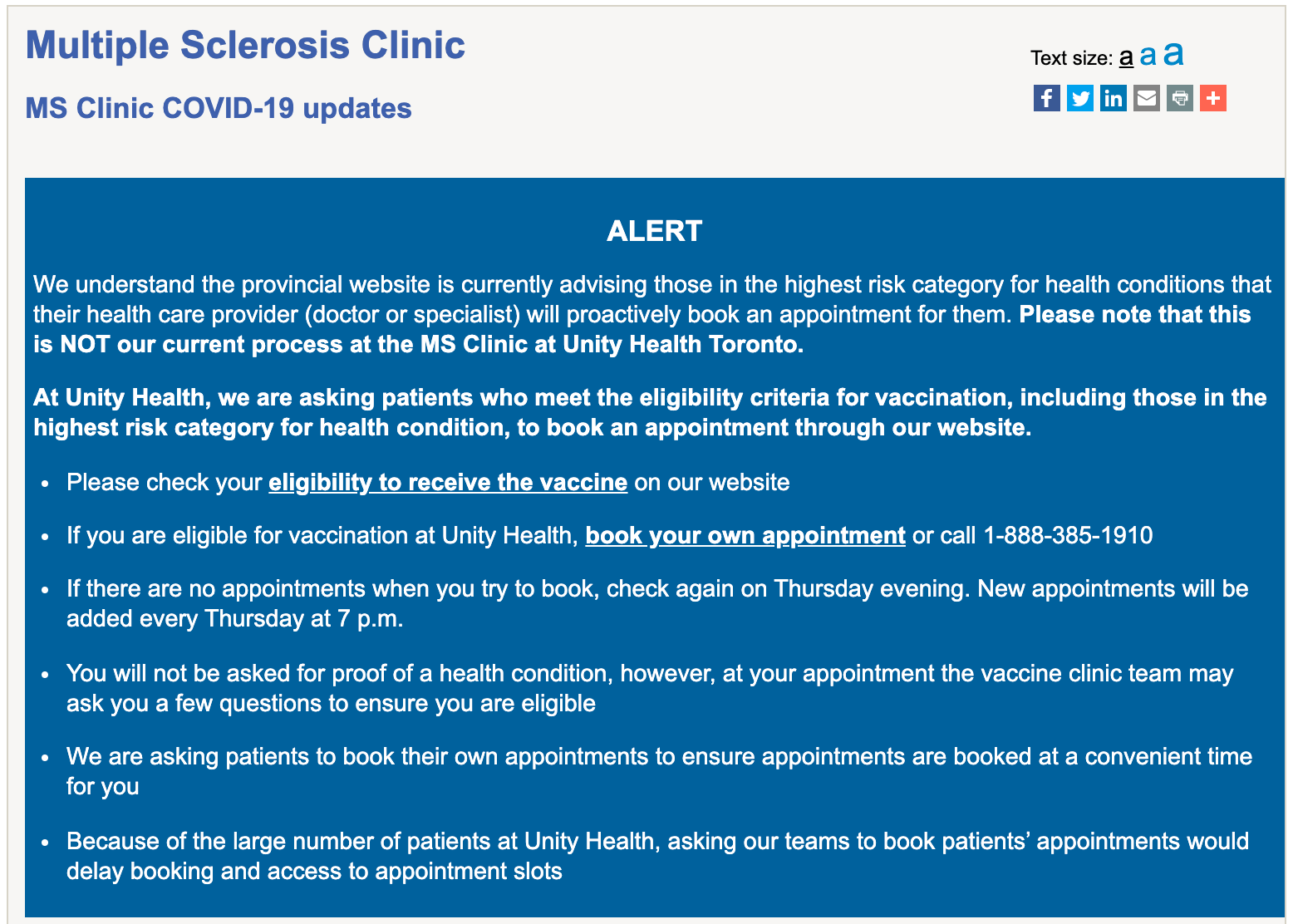 Screenshot of website. Headline reads "Multiple Sclerosis Clinic."