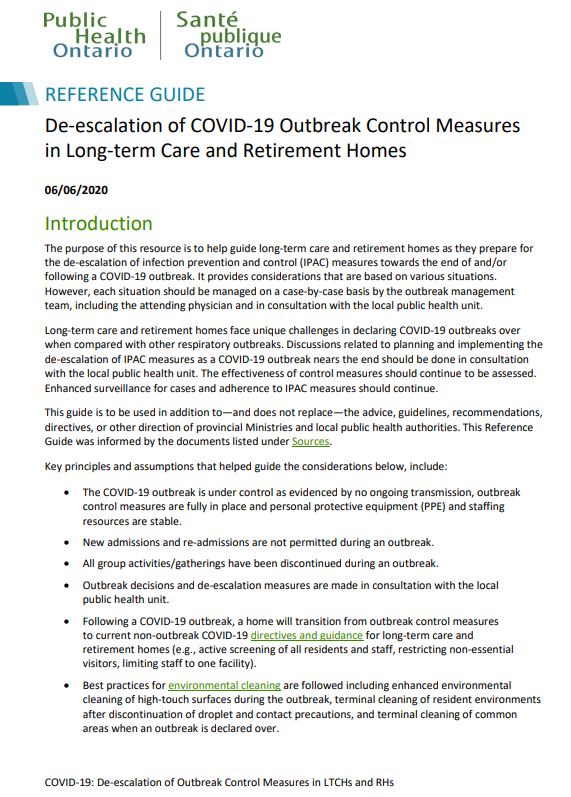 De-escalation of COVID-19 Outbreak Control Measures in Long-term Care and Retirement Homes