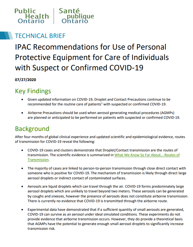 Technical Brief: IPAC Recommendations for Use of Personal Protective Equipment for Care of Individuals with Suspect or Confirmed COVID-19